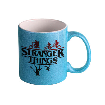 Stranger Things upside down, Κούπα Σιέλ Glitter που γυαλίζει, κεραμική, 330ml