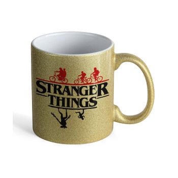 Stranger Things upside down, Κούπα Χρυσή Glitter που γυαλίζει, κεραμική, 330ml