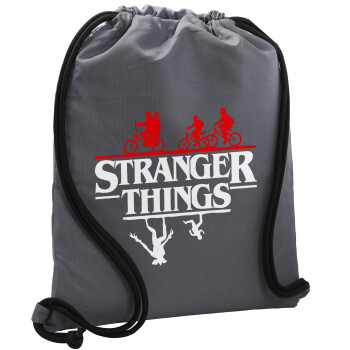 Stranger Things upside down, Backpack pouch GYMBAG GREY, with pocket (40x48cm) & thick cords