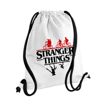 Stranger Things upside down, Τσάντα πλάτης πουγκί GYMBAG λευκή, με τσέπη (40x48cm) & χονδρά κορδόνια