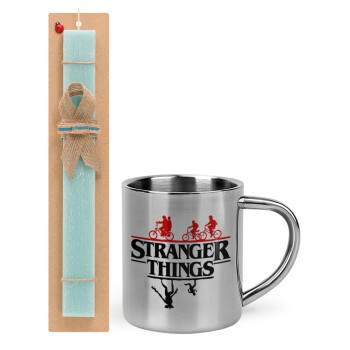 Stranger Things upside down, Πασχαλινό Σετ, μεταλλική κούπα θερμό (300ml) & πασχαλινή λαμπάδα αρωματική πλακέ (30cm) (ΤΙΡΚΟΥΑΖ)