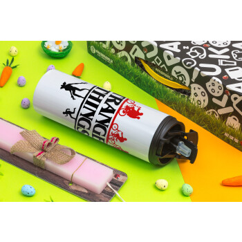 Stranger Things upside down, Easter candle,Travel Tumbler 2 Lids, with metal straw & cleaning brush & aromatic flat candle (30cm) (PINK)