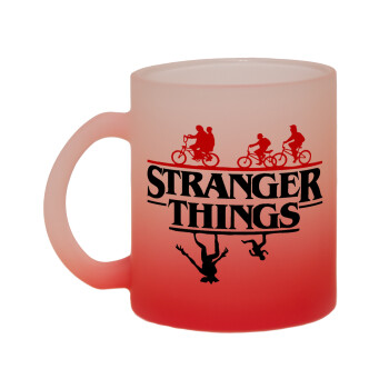 Stranger Things upside down, Κούπα γυάλινη δίχρωμη με βάση το κόκκινο ματ, 330ml