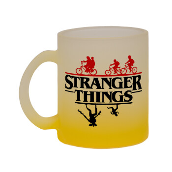 Stranger Things upside down, Κούπα γυάλινη δίχρωμη με βάση το κίτρινο ματ, 330ml