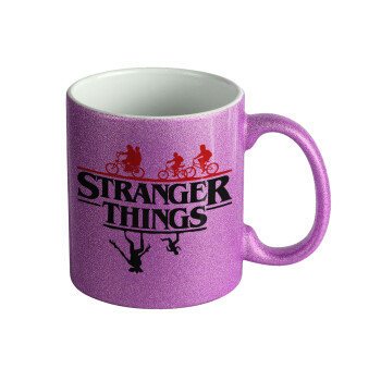 Stranger Things upside down, Κούπα Μωβ Glitter που γυαλίζει, κεραμική, 330ml