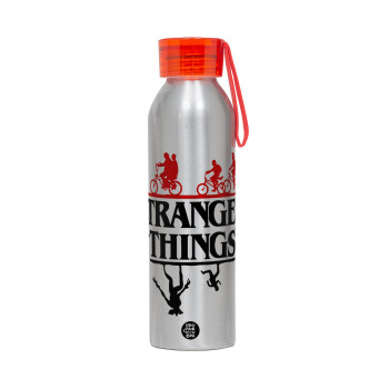 Stranger Things upside down, Aluminum Sports Bottle 650ml – Silver with Red Cap and Silicone Strap