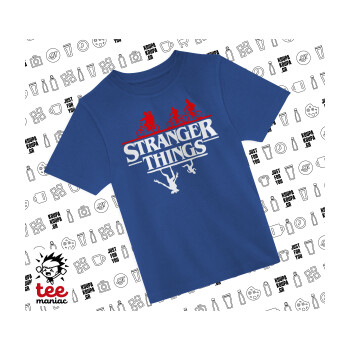 Stranger Things upside down, Παιδικό T-Shirt ΜΠΛΕ από 100% βαμβάκι, για κάθε μέρα. Vegan & OEKO-TEX πιστοποιημένο.