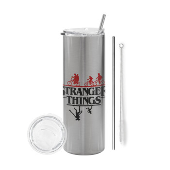 Stranger Things upside down, Eco friendly stainless steel Silver tumbler 600ml, with metal straw & cleaning brush