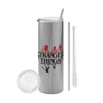Stranger Things upside down, Tumbler ποτήρι θερμό Ασημένιο από ανοξείδωτο ατσάλι 600ml, με μεταλλικό καλαμάκι & βούρτσα καθαρισμού
