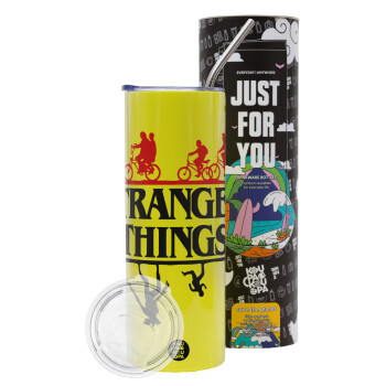 Stranger Things upside down, Neon Yellow Travel Tumbler θερμό, μεταλλικό καλαμάκι(Ανωξείδωτο 304 Food grade, BPA free, 600ml)