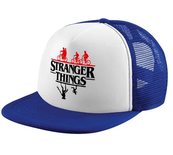 Stranger Things upside down — Adult Soft Trucker Hat with Blue/White Mesh (POLYESTER, ADULT, UNISEX, ONE SIZE)