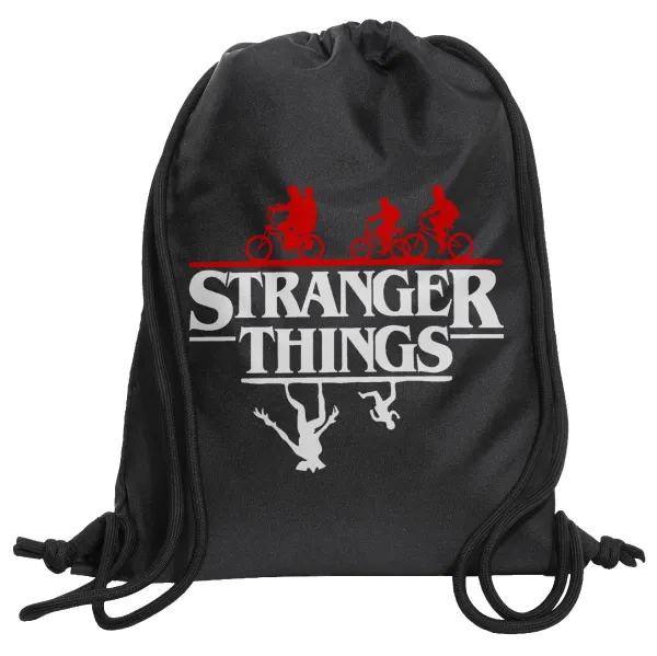 Stranger Things upside down — Τσάντα πλάτης πουγκί GYMBAG Μαύρη, με τσέπη (40x48cm) & χονδρά κορδόνια