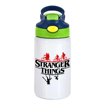 Stranger Things upside down, Children's hot water bottle, stainless steel, with safety straw, green, blue (350ml)