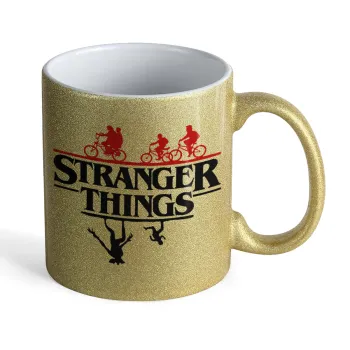 Stranger Things upside down, Κούπα Χρυσή Glitter που γυαλίζει, κεραμική, 330ml