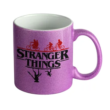 Stranger Things upside down, Κούπα Μωβ Glitter που γυαλίζει, κεραμική, 330ml