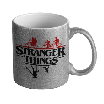 Stranger Things upside down, Κούπα Ασημένια Glitter που γυαλίζει, κεραμική, 330ml