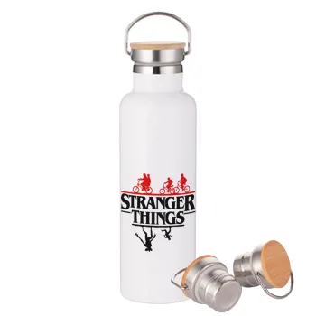 Stranger Things upside down, Stainless steel White with wooden lid (bamboo), double wall, 750ml