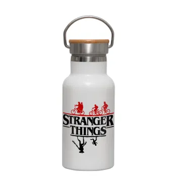 Stranger Things upside down, Μεταλλικό παγούρι θερμός (Stainless steel) Λευκό με ξύλινο καπακι (bamboo), διπλού τοιχώματος, 350ml
