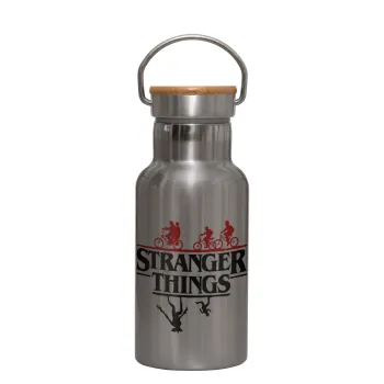 Stranger Things upside down, Μεταλλικό παγούρι θερμός (Stainless steel) Ασημένιο με ξύλινο καπακι (bamboo), διπλού τοιχώματος, 350ml