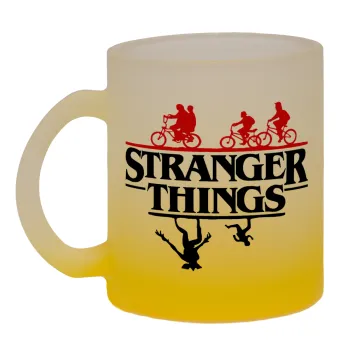 Stranger Things upside down, Κούπα γυάλινη δίχρωμη με βάση το κίτρινο ματ, 330ml