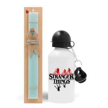 Stranger Things upside down, Easter Set, metallic aluminum water bottle (500ml) & scented flat candle (30cm) (TURQUOISE)