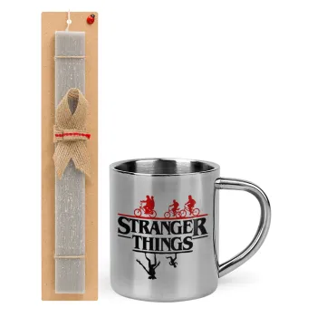 Stranger Things upside down, Πασχαλινή Λαμπάδα με μεταλλική κούπα θερμό (300ml) & κερί αρωματικό πλακέ (30cm) (ΓΚΡΙ)