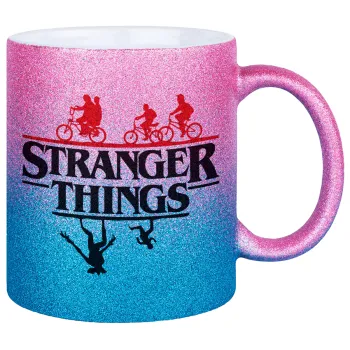 Stranger Things upside down, Κούπα Χρυσή/Μπλε Glitter, κεραμική, 330ml