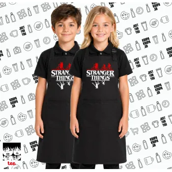 Stranger Things upside down, Μαύρη ΠΑΙΔΙΚΗ Ποδιά μακριά Σεφ ολόσωμη με τσέπες