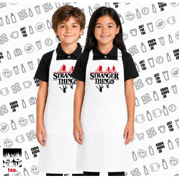 Stranger Things upside down, Λευκή ΠΑΙΔΙΚΗ Ποδιά μακριά Σεφ ολόσωμη με τσέπες