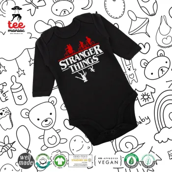 Stranger Things upside down, Μακρυμάνικο βρεφικό φορμάκι, 0-18 μηνών, ΜΑΥΡΟ, 100% Organic Cotton