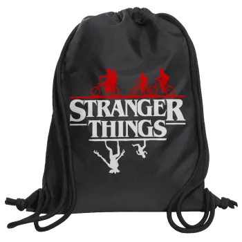 Stranger Things upside down, Τσάντα πλάτης πουγκί GYMBAG Μαύρη, με τσέπη (40x48cm) & χονδρά κορδόνια