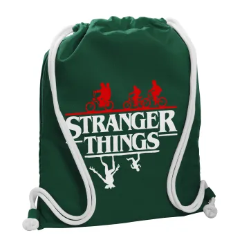 Stranger Things upside down, Τσάντα πλάτης πουγκί GYMBAG BOTTLE GREEN, με τσέπη (40x48cm) & χονδρά λευκά κορδόνια
