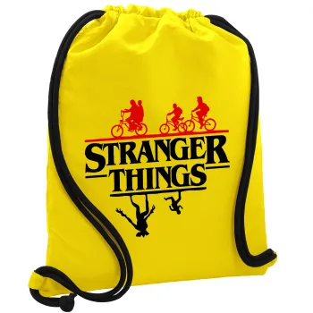 Stranger Things upside down, Τσάντα πλάτης πουγκί GYMBAG Κίτρινη, με τσέπη (40x48cm) & χονδρά κορδόνια