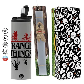 Stranger Things upside down, Πασχαλινή Λαμπάδα με Travel Tumbler θερμό (600ml, BPA free) & κερί αρωματικό πλακέ (30cm) (ΓΚΡΙ)