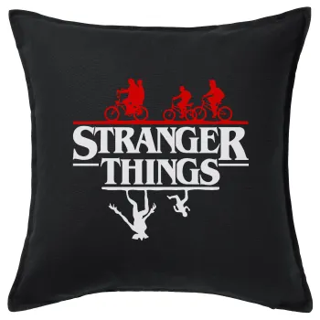 Stranger Things upside down, Μαξιλάρι καναπέ Μαύρο 100% βαμβάκι, περιέχεται το γέμισμα (50x50cm)