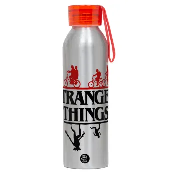 Stranger Things upside down, Αλουμινένιο Αθλητικό Μπουκάλι 650ml – Ασημί με Κόκκινο Καπάκι και Λουράκι Σιλικόνης