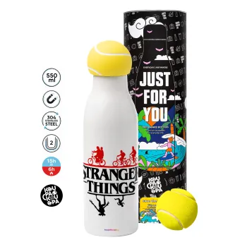 Stranger Things upside down, Tennis ball Metal mug thermos White, double wall, 550ml