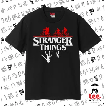 Stranger Things upside down, Κλασικό T-Shirt, διπλής ραφής, χωρίς πλευρικές ραφές ΜΑΥΡΟ από 100% βαμβάκι. Vegan & OEKO-TEX πιστοποιημένο.