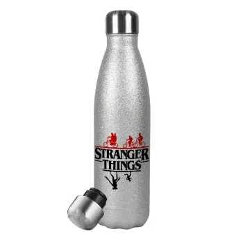 Stranger Things upside down, Μεταλλικό παγούρι θερμός Glitter Aσημένιο (Stainless steel), διπλού τοιχώματος, 500ml