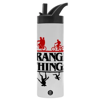 Stranger Things upside down, Metallic thermos bottle with straw & handle, stainless steel (Stainless steel 304), double-walled, 600ml.