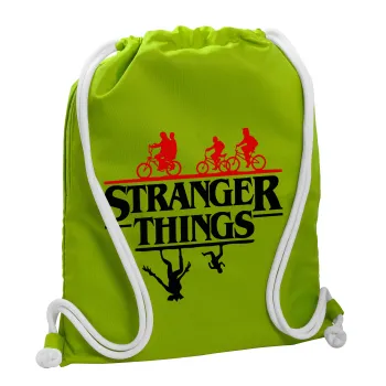 Stranger Things upside down, Τσάντα πλάτης πουγκί GYMBAG LIME GREEN, με τσέπη (40x48cm) & χονδρά κορδόνια