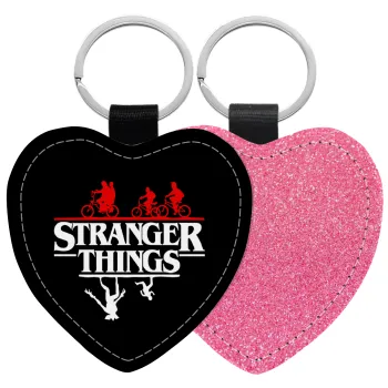 Stranger Things upside down, Μπρελόκ PU δερμάτινο glitter καρδιά ΡΟΖ