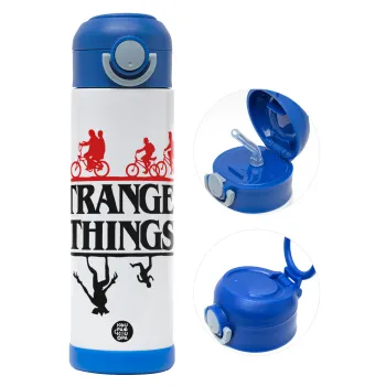 Stranger Things upside down, Παιδικό παγούρι θερμό, ανοξείδωτο, με καλαμάκι ασφαλείας, ΜΠΛΕ (500ml)