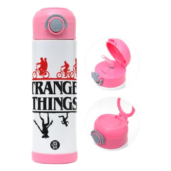 Stranger Things upside down, Children's hot water bottle, stainless steel, with safety straw, PINK (500ml)
