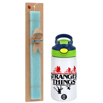 Stranger Things upside down, Easter Set, Children's thermal stainless steel bottle with safety straw, green/blue (350ml) & aromatic flat Easter candle (30cm) (TURQUOISE)