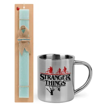 Stranger Things upside down, Πασχαλινή Λαμπάδα με μεταλλική κούπα θερμό (300ml) & κερί αρωματικό πλακέ (30cm) (ΤΙΡΚΟΥΑΖ)