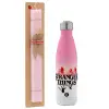 Easter Set, Metallic pink/white (Stainless steel) thermos, double-walled, 500ml & aromatic flat Easter candle (30cm) (PINK)