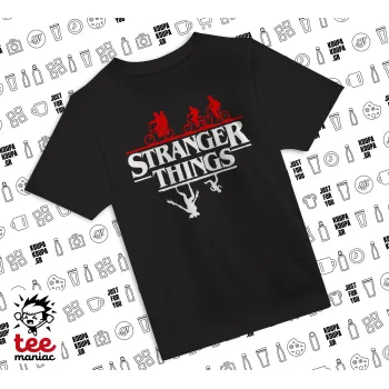 Stranger Things upside down, Άνετο παιδικό T-Shirt ΜΑΥΡΟ από 100% βαμβάκι, για κάθε μέρα. Vegan & OEKO-TEX πιστοποιημένο.