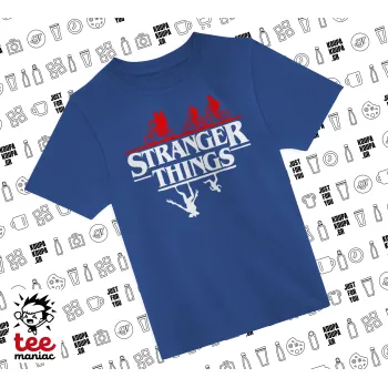 Stranger Things upside down, Παιδικό T-Shirt ΜΠΛΕ από 100% βαμβάκι, για κάθε μέρα. Vegan & OEKO-TEX πιστοποιημένο.