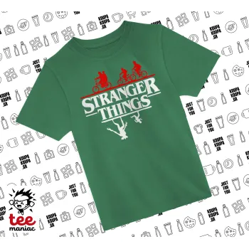 Stranger Things upside down, Άνετο παιδικό T-Shirt ΠΡΑΣΙΝΟ από 100% βαμβάκι, για κάθε μέρα. Vegan & OEKO-TEX πιστοποιημένο.